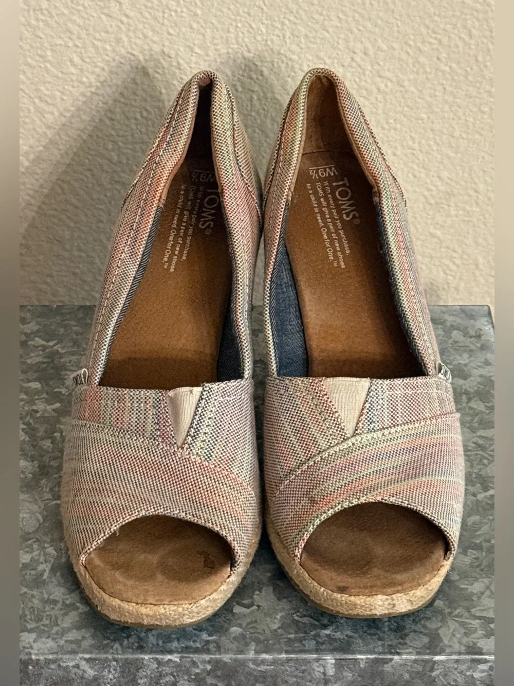 Toms Rainbow Stripe Canvas Wedge Espadrille Peep Toe, Size 9.5